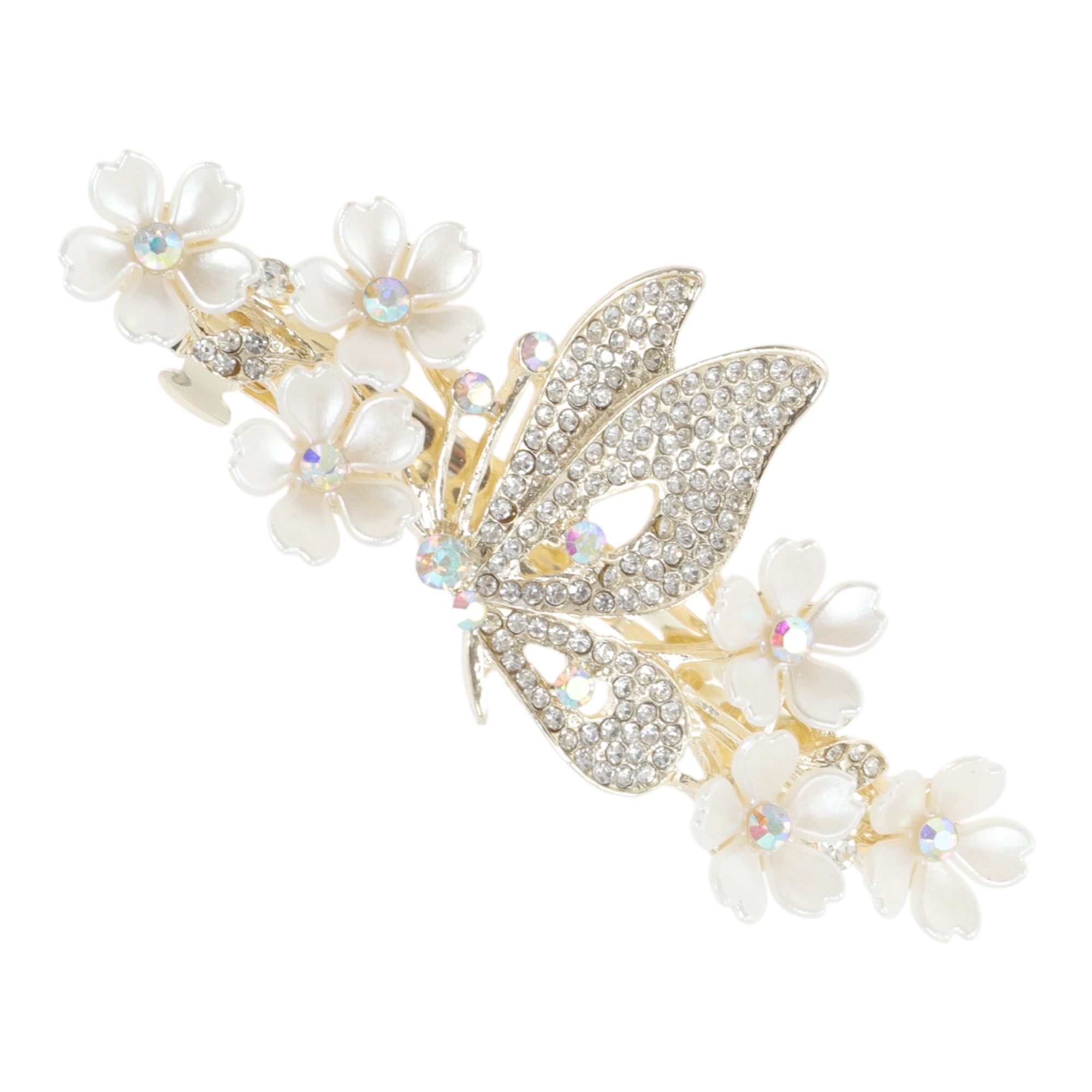 Unique Bargains Exquisite Seashell Flower Butterfly Rhinestone Hair Clips Gold Tone Beige