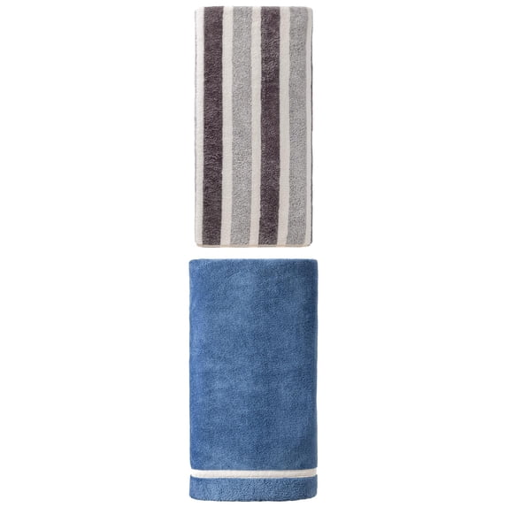 Unique Bargains Extra Fluffy Superior Absorbent Coral Fleece Bath Towel 2 Pack Dark Blue/Grey 63" x 31"/71" x 35"