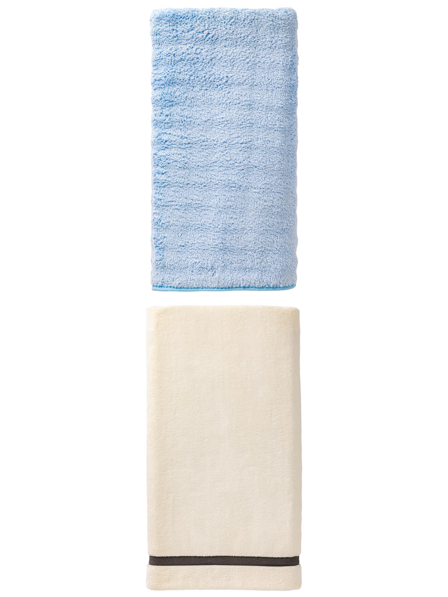 Unique Bargains Extra Gentle Strong Absorbency Coral Fleece Bath Towel 2 Pack Beige/Blue 63" x 31"/55" x 28"