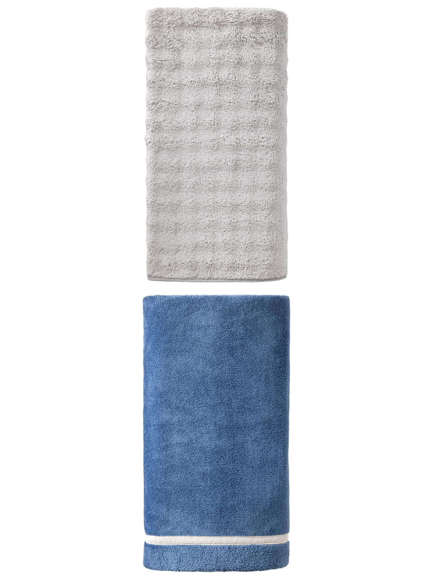 Unique Bargains Extra Gentle Strong Absorbency Coral Fleece Bath Towel 2 Pack Dark Blue/Grey 63" x 31"/55" x 28"