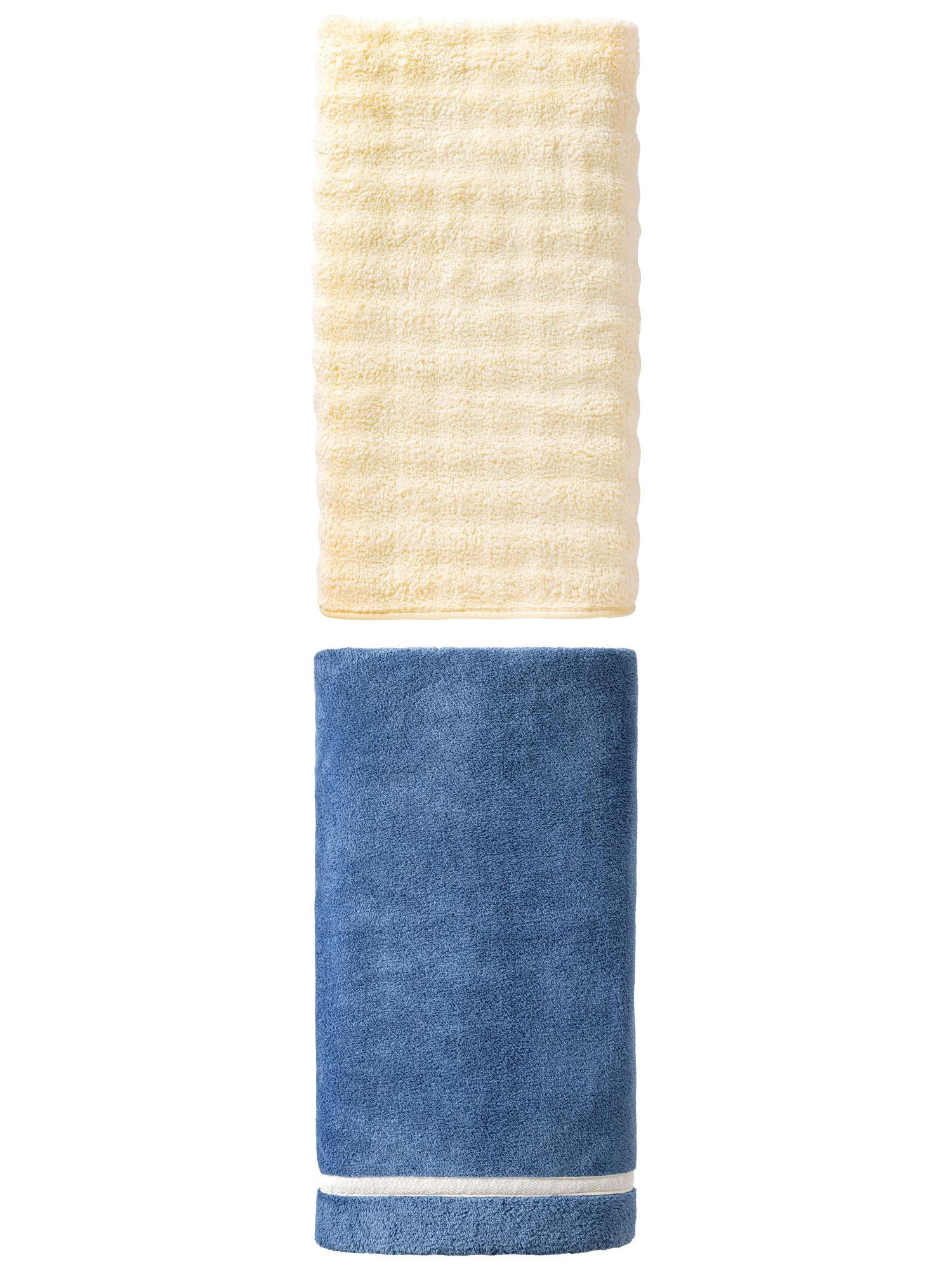 Unique Bargains Extra Gentle Strong Absorbency Coral Fleece Bath Towel 2 Pack Dark Blue/White 63" x 31"/55" x 28"