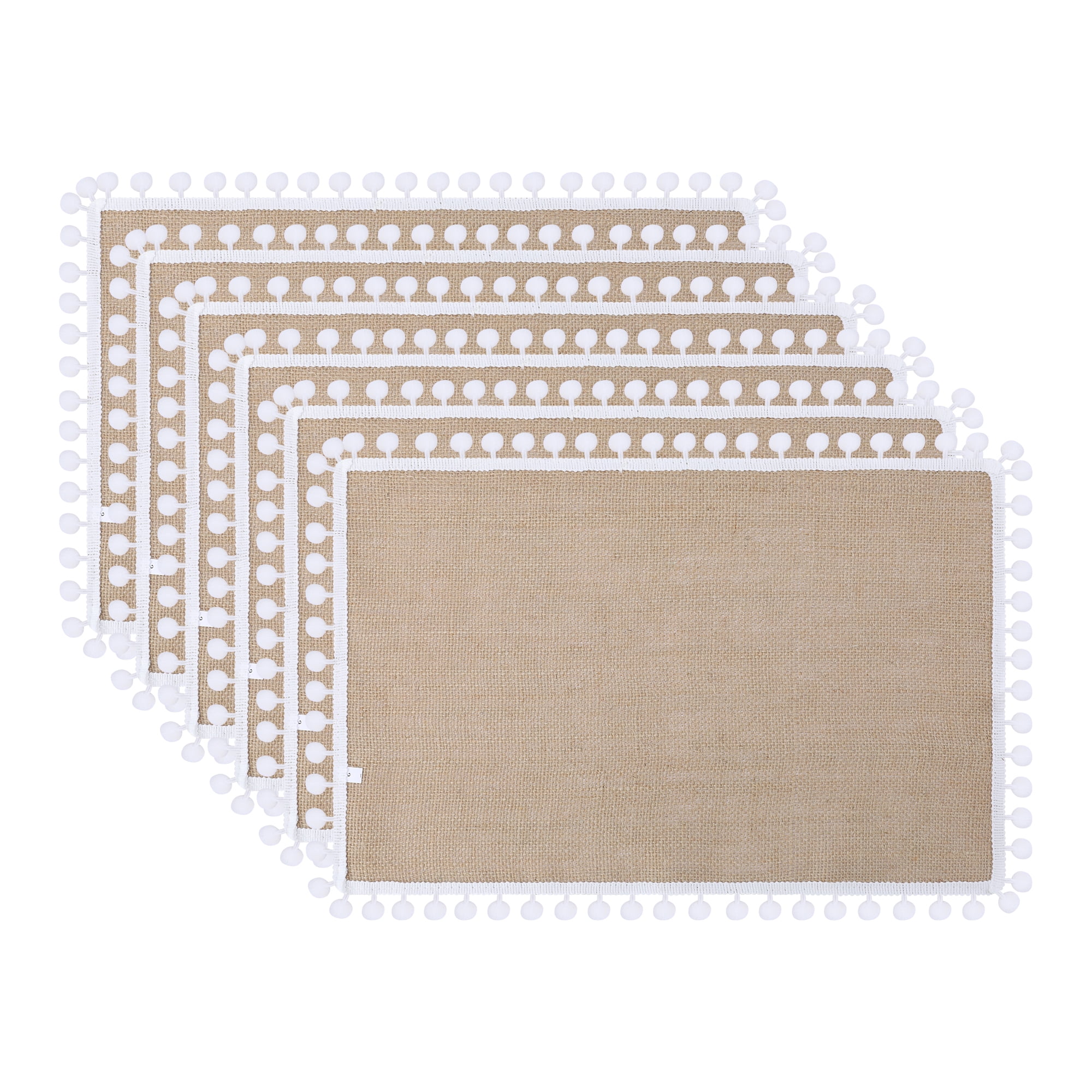Unique Bargains Farmhouse Placemats 6pcs Jute Placemats White Pom 17.7"x11.8"