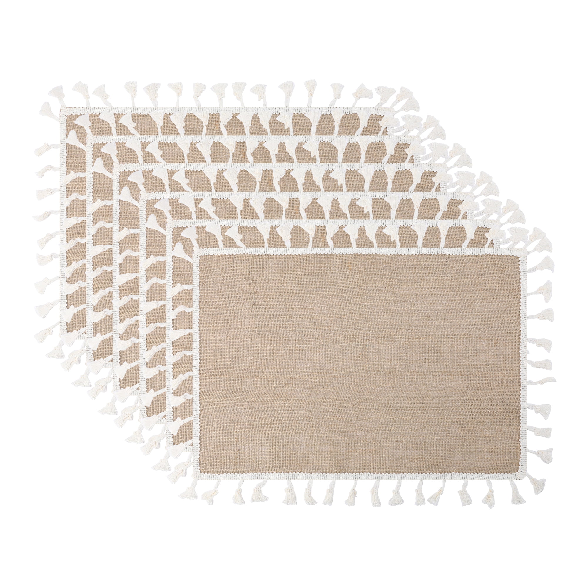 Unique Bargains Farmhouse Placemats 6pcs Jute Placemats White Tassel 17.7"x11.8"