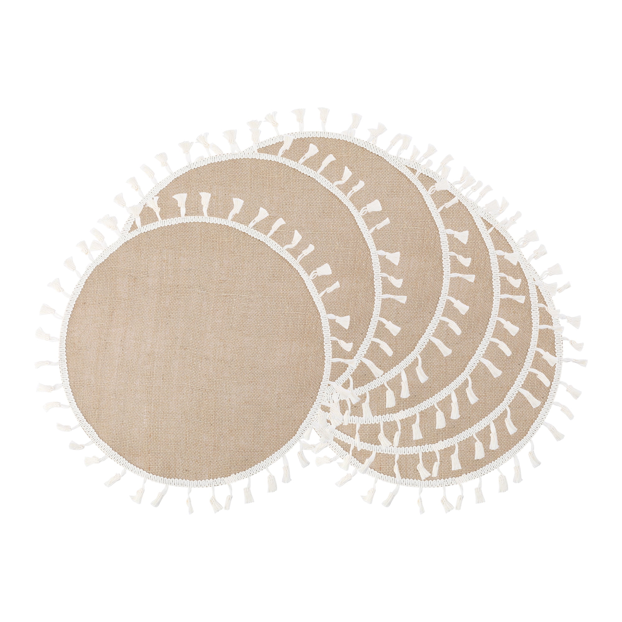 Unique Bargains Farmhouse Placemats 6pcs Round Placemats White Tassel 15"x15"