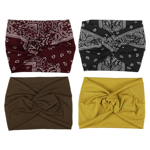 Unique Bargains Fashion Bohemia Widening Knotted Headwrap Brown Yellow Black Red 4pcs