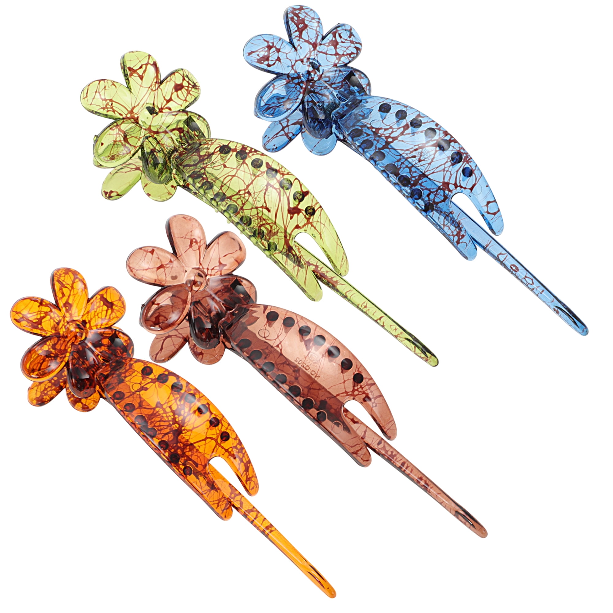Unique Bargains Fashion Six-Petal Flower Hair Clips Brown Green Blue 4 Pcs