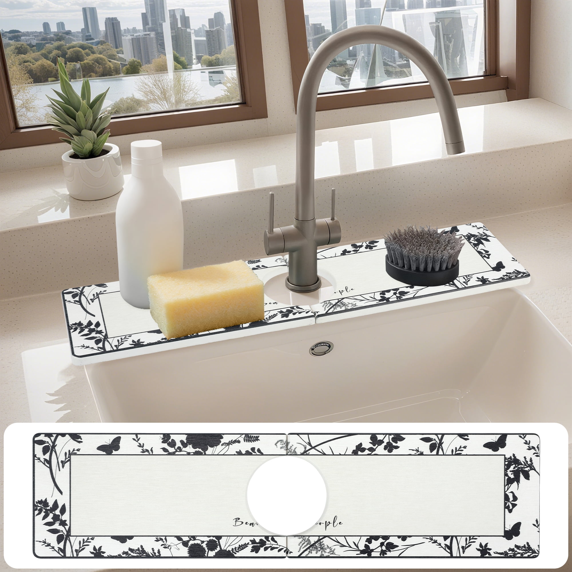 Unique Bargains Faucet Mat Versatile Kitchen Sink Mat for Home Black/White 15.7*3.9 in