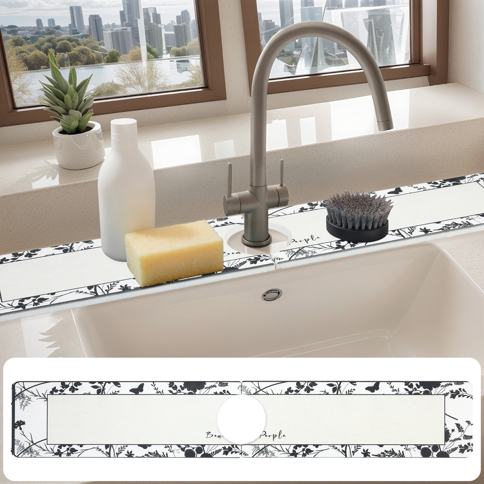 Unique Bargains Faucet Mat Versatile Kitchen Sink Mat for Home Black/White 23.6*3.9 in