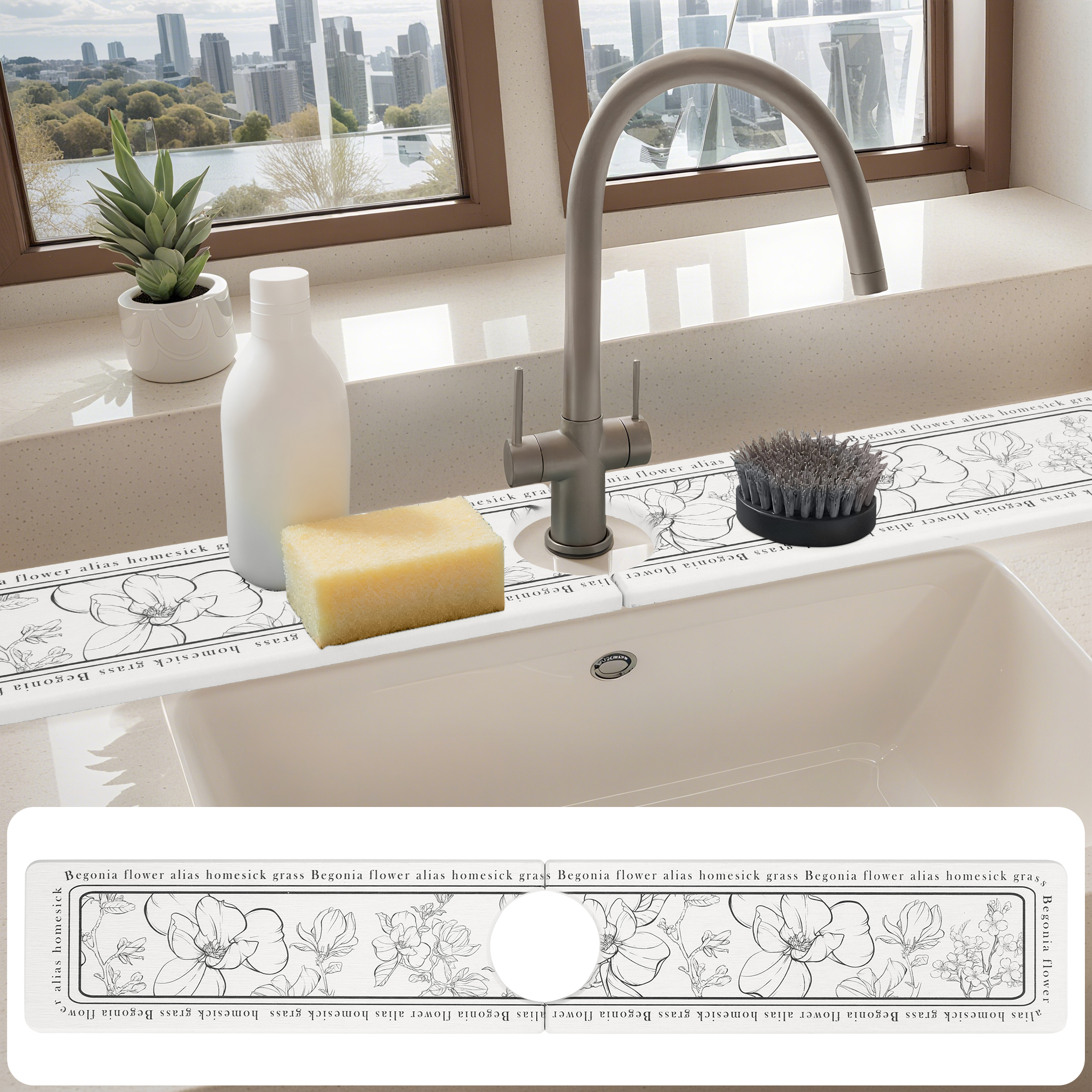 Unique Bargains Faucet Mat Versatile Kitchen Sink Mat for Home Flower 23.6*3.9 in