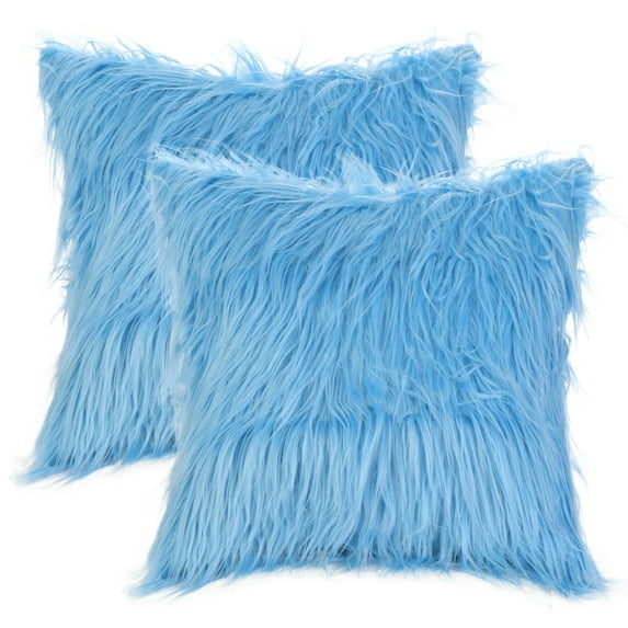 Unique Bargains Faux Fluffy Zipper Closure Cushion Covers Throw Pillow Covers (2 Count) Light Blue 18" x 18"