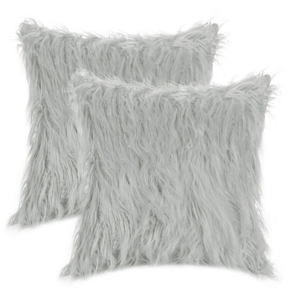 Unique Bargains Faux Fluffy Zipper Closure Cushion Covers Throw Pillow Covers (2 Count) Light Grey 18" x 18"