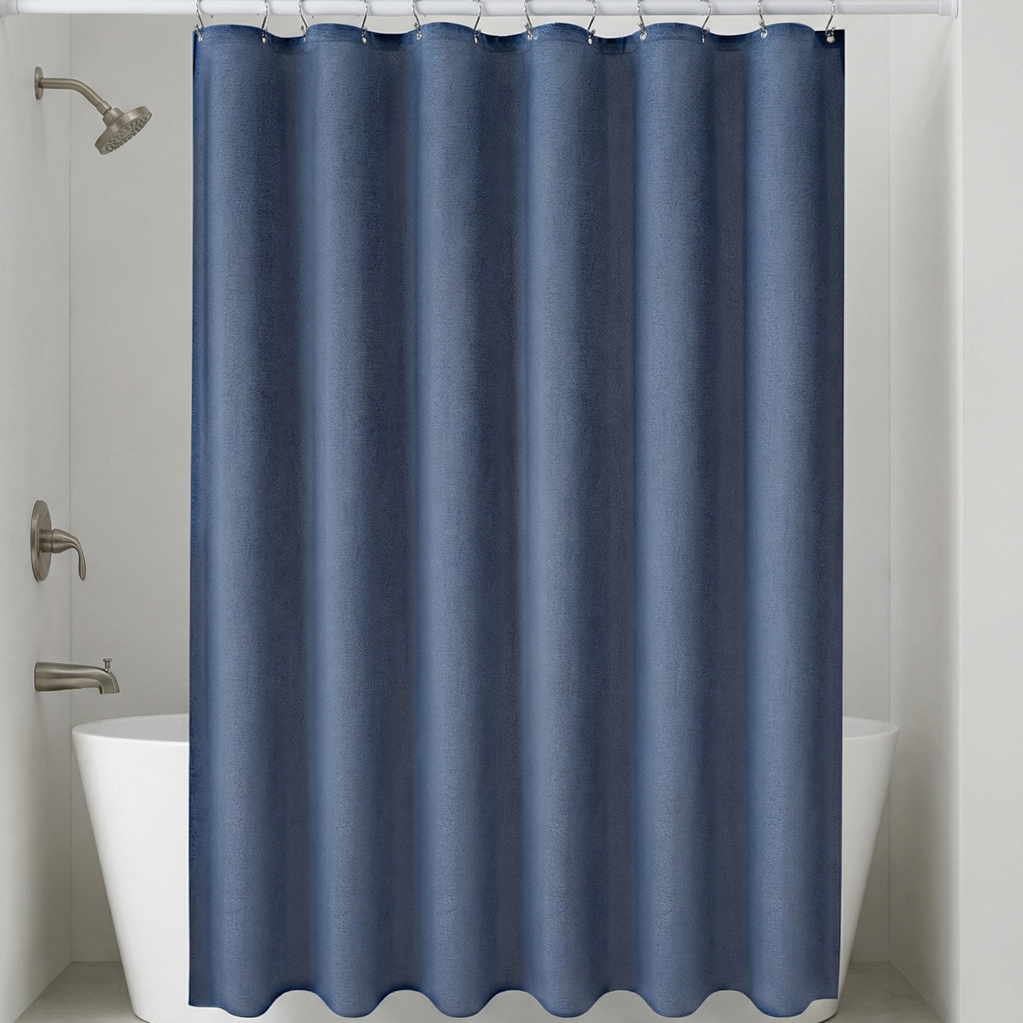 Unique Bargains Faux Linen Solid Bath Curtain Sets with Hooks Blue 71"W x 71"L