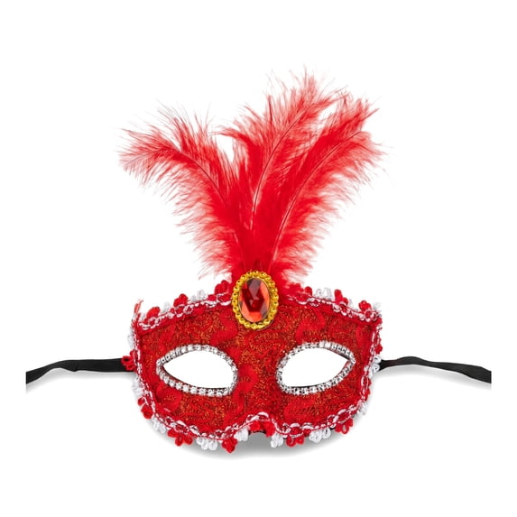 Unique Bargains Feather Masquerade Venetian Half Face Mask for Halloween Red 8.3" x 6.3"