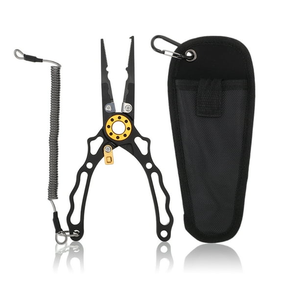 Unique Bargains Fishing Pliers Hook Remover with Safety Lock Fishing Pliers for Saltwater Split Ring Pliers with Sheath and Lanyard Black 1 Set