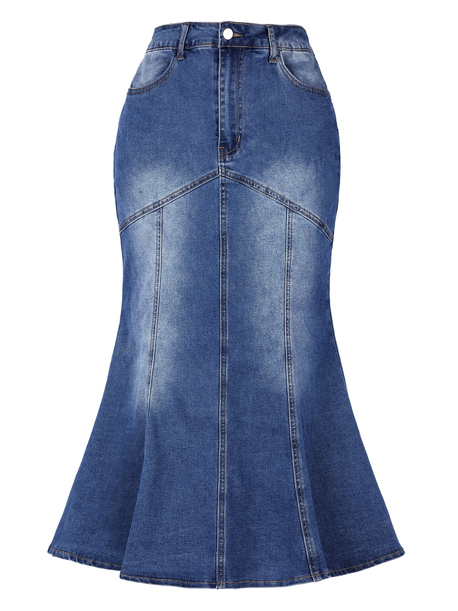 DARING DIVA Fishtail Denim Skirt Women's Washed Midi Jean Bodycon Skirt XL Blue