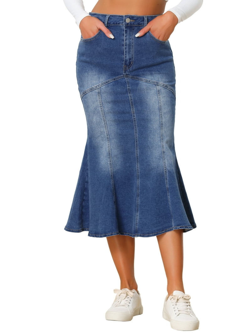 DARING DIVA Fishtail Denim Skirt for Women's Washed Midi Jean