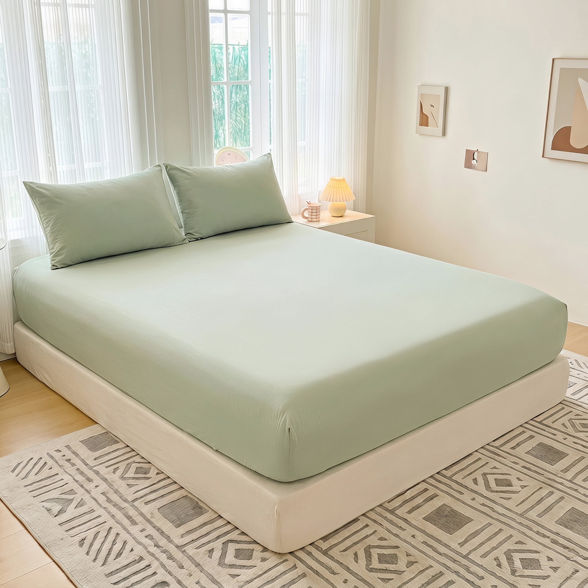 Unique Bargains Fitted Cotton Bed Sheets Breathable for All Seasons 59.8"x79.9" Green