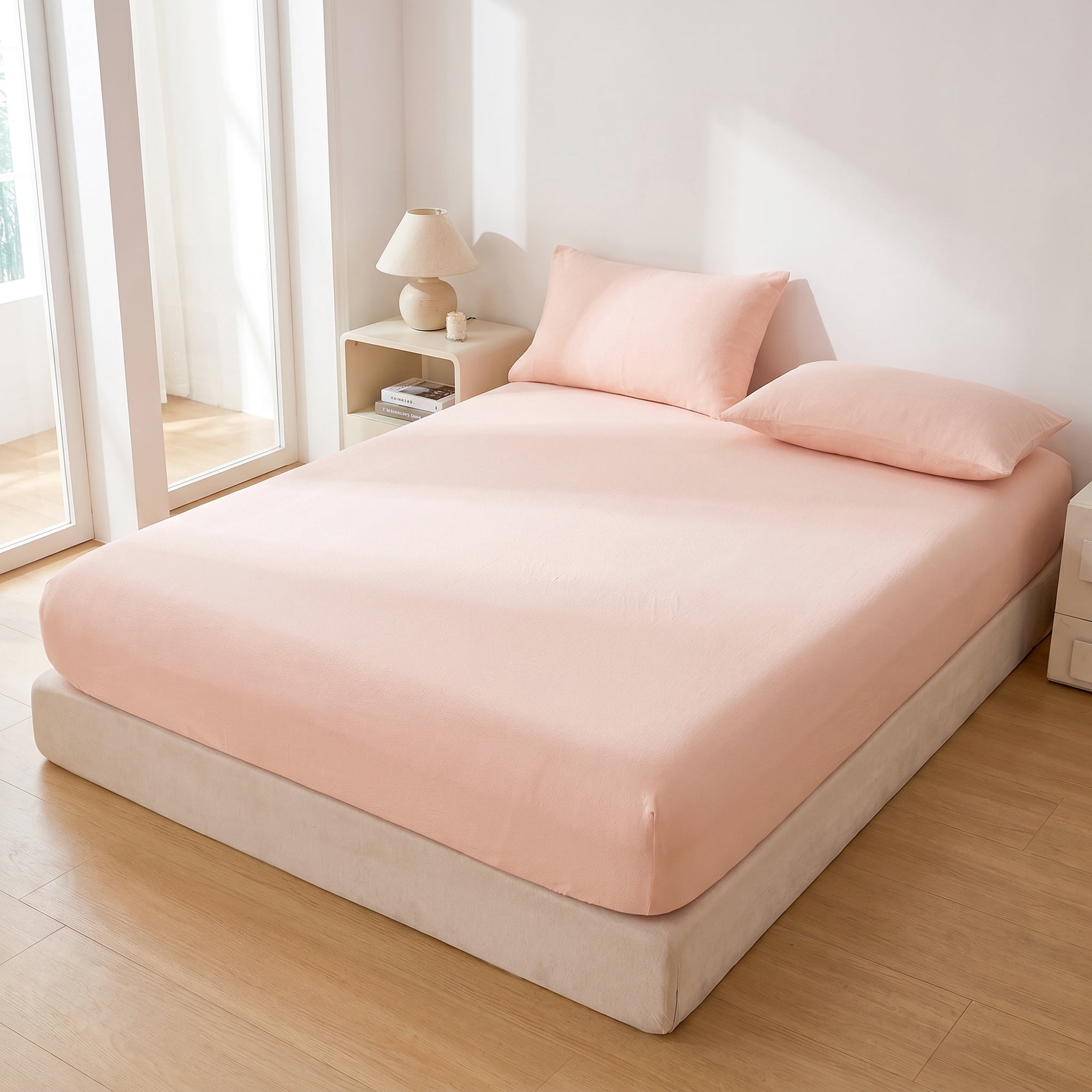 Unique Bargains Fitted Cotton Bed Sheets Breathable for All Seasons 59.8"x79.9" Pink