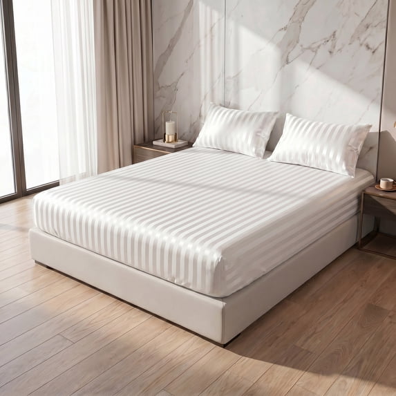 Unique Bargains Fitted Polyester Satin Strip Bed Sheets Wear Resistant 39.0"x74.8" White