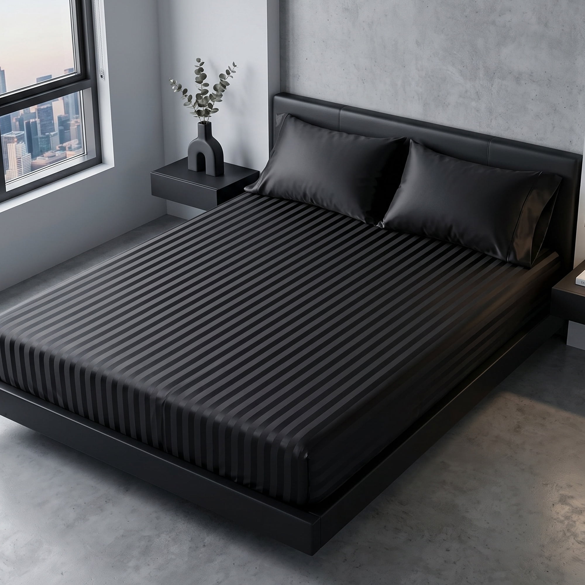 Unique Bargains Fitted Polyester Satin Strip Bed Sheets Wear Resistant 53.9"x74.8" Black