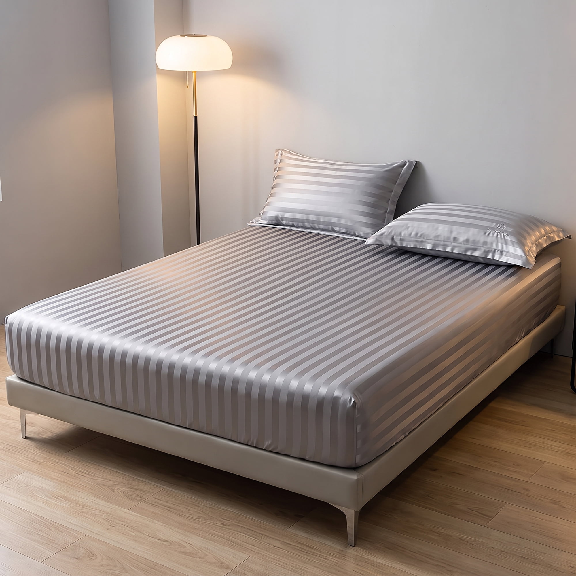 Unique Bargains Fitted Polyester Satin Strip Bed Sheets Wear Resistant 53.9"x74.8" Grey