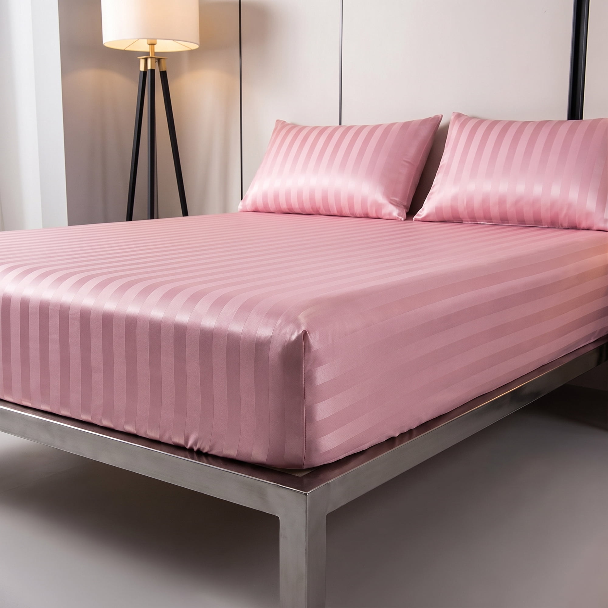 Unique Bargains Fitted Polyester Satin Strip Bed Sheets Wear Resistant 53.9"x74.8" Pink