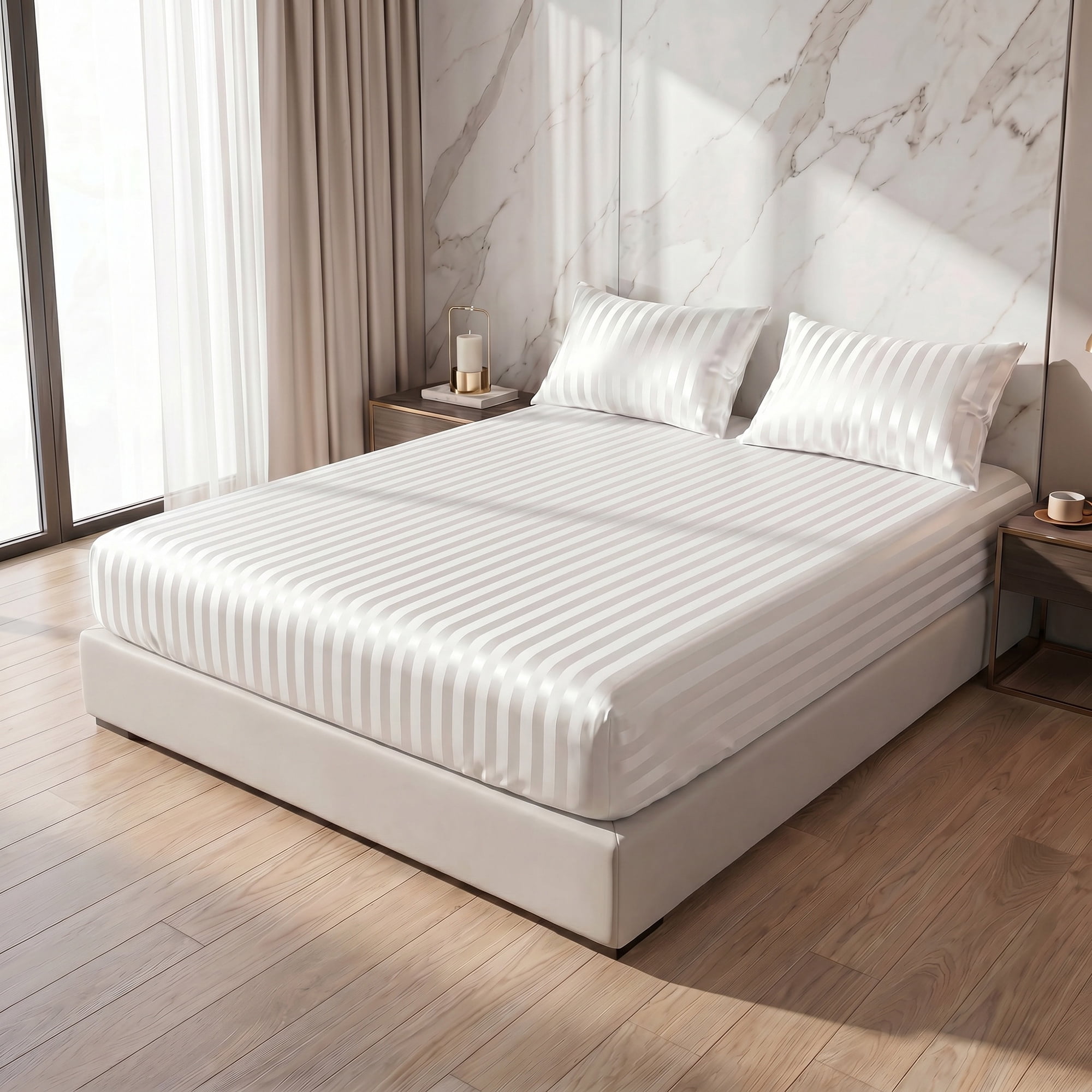 Unique Bargains Fitted Polyester Satin Strip Bed Sheets Wear Resistant 53.9"x74.8" White