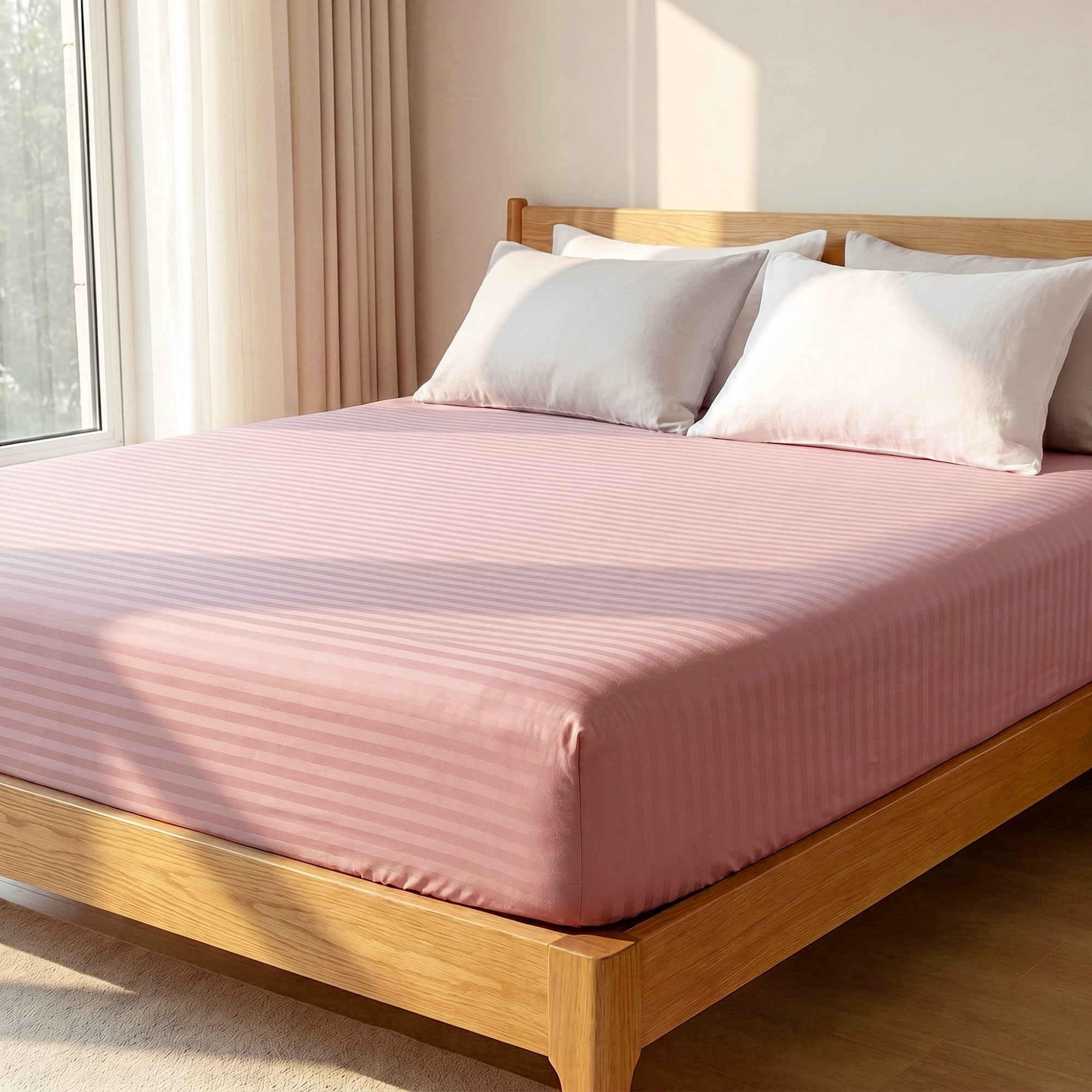 Unique Bargains Fitted Polyester Stripes Bed Sheets Not Easy to Fade 53.9"x74.8" Pink