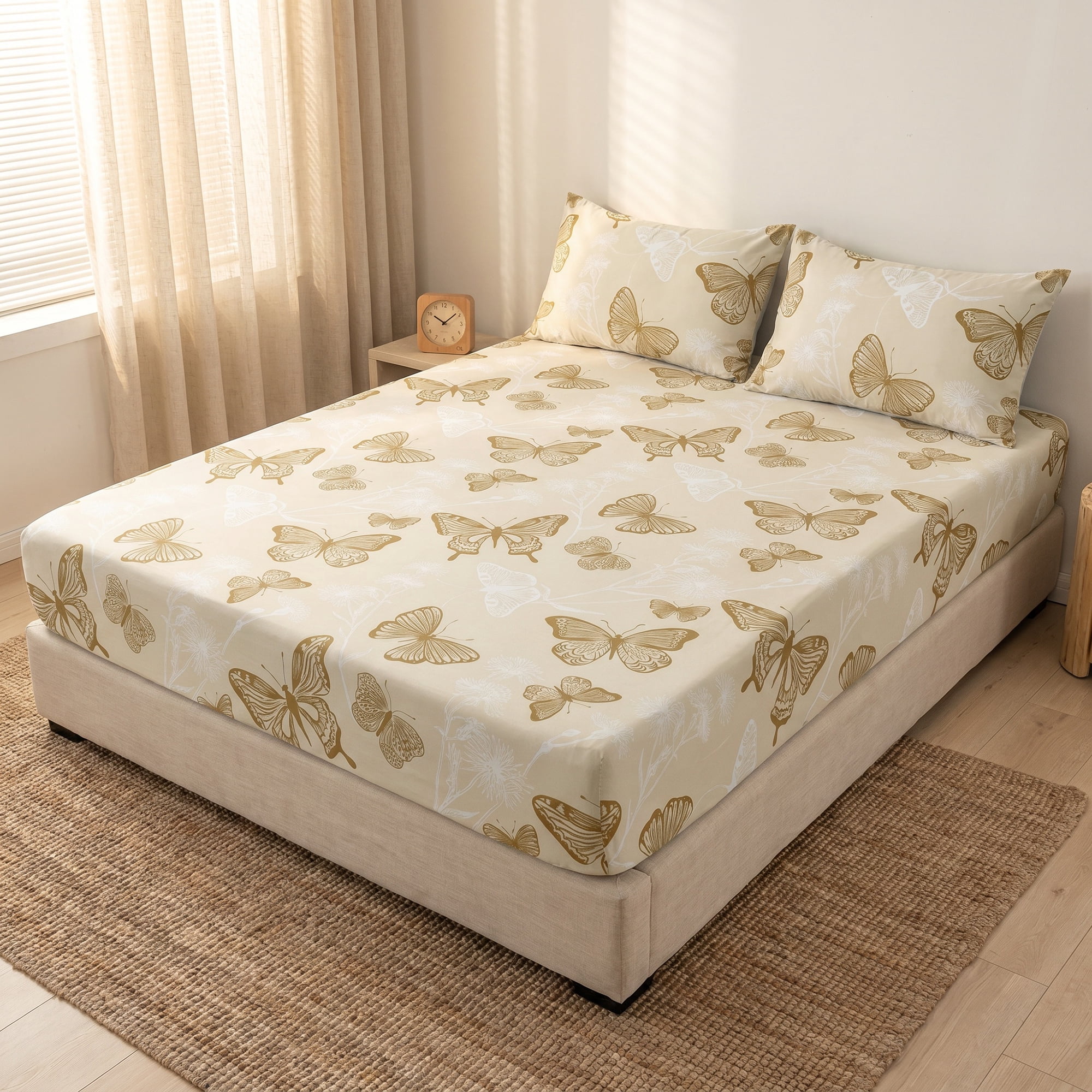 Unique Bargains Fitted Sheet Butterfly Pattern Microfiber Bed Sheets Beige 78.0"x79.9"