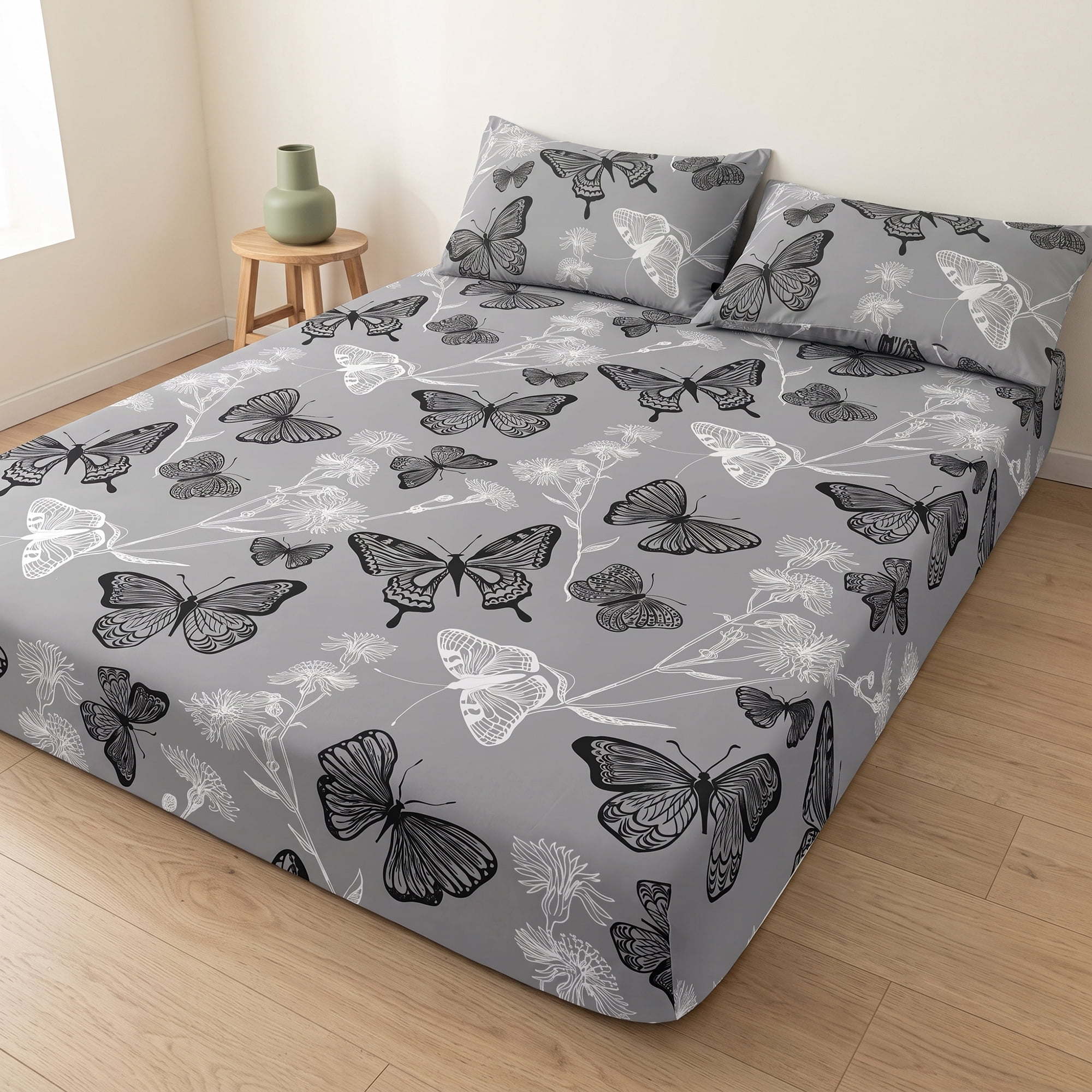 Unique Bargains Fitted Sheet Butterfly Pattern Microfiber Bed Sheets Grey 78.0"x79.9"
