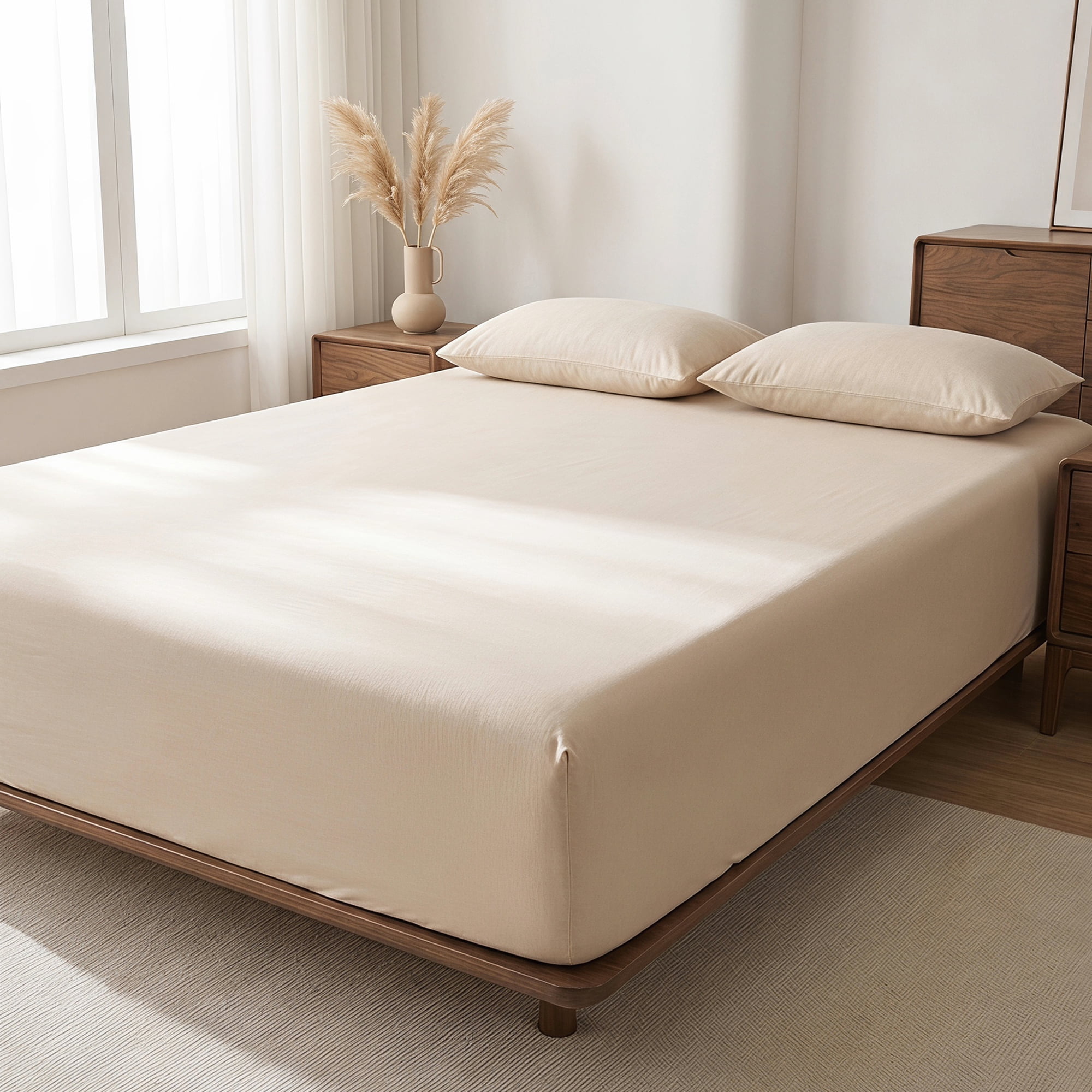 Unique Bargains Fitted Sheet Cotton Bed Sheets Cooling for Sleep 71"x78.7" Creamy Coffee