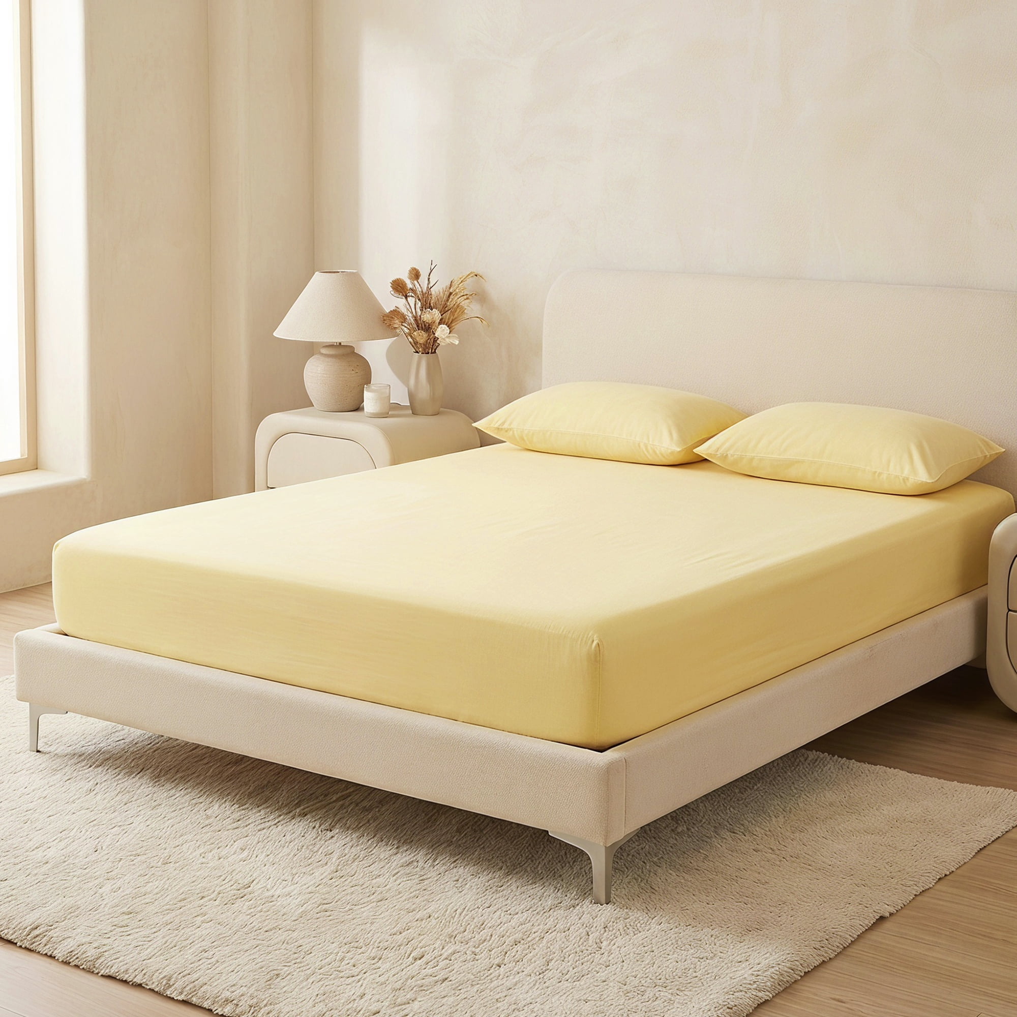 Unique Bargains Fitted Sheet Cotton Bed Sheets Cooling for Sleep 71"x78.7" Creamy Yellow