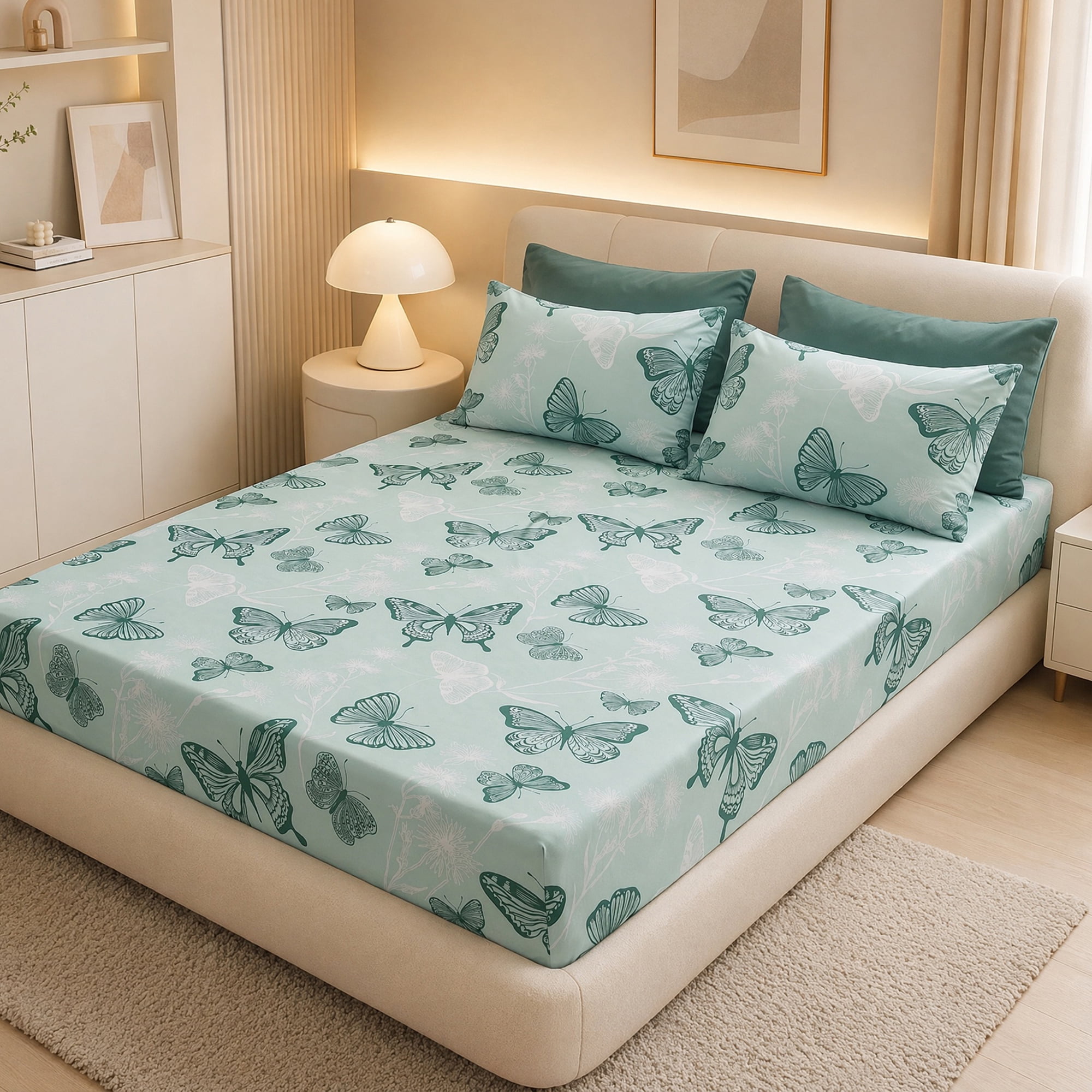 Unique Bargains Fitted Sheet Butterfly Pattern Microfiber Bed Sheets Green 60.2"x79.9"