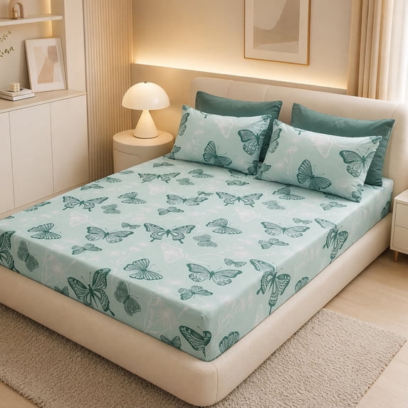 Unique Bargains Fitted Sheet Butterfly Pattern Microfiber Bed Sheets Green 60.2"x79.9"