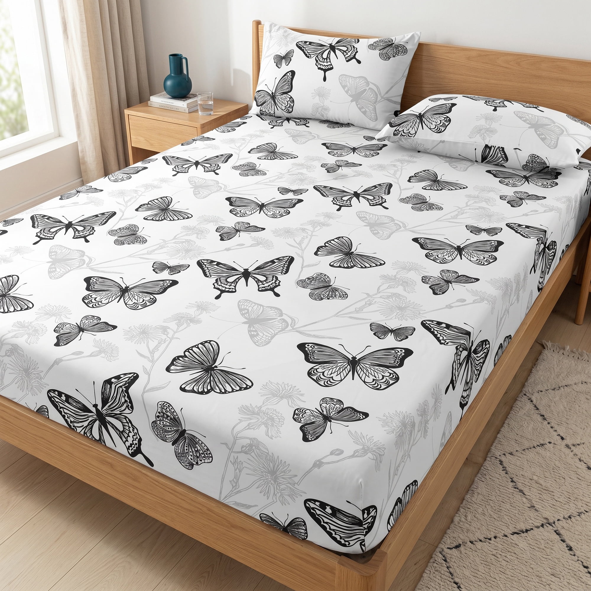Unique Bargains Fitted Sheet Butterfly Pattern Microfiber Bed Sheets White 39.0"x74.8"