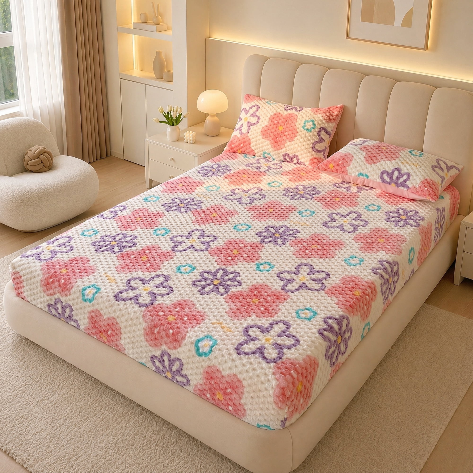 Unique Bargains Fitted Sheet Polyester Anti Wrinkle Soft Bedding 39.0"x74.8" Pink/Purple