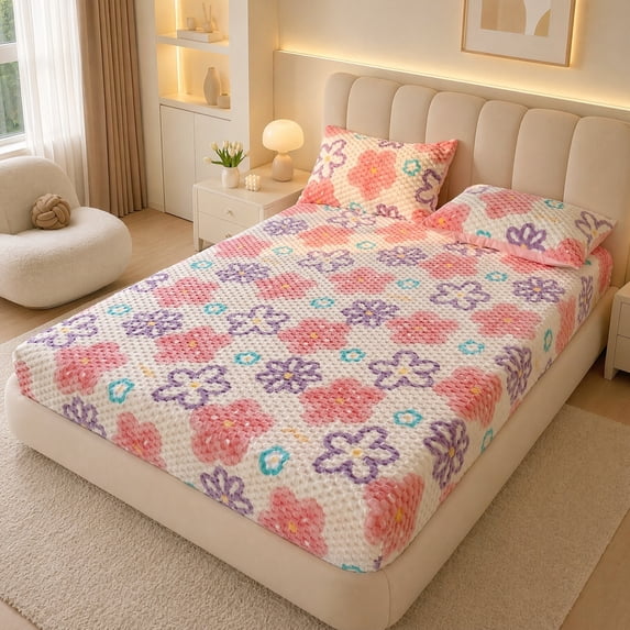 Unique Bargains Fitted Sheet Polyester Anti Wrinkle Soft Bedding 78.0"x79.9" Pink/Purple