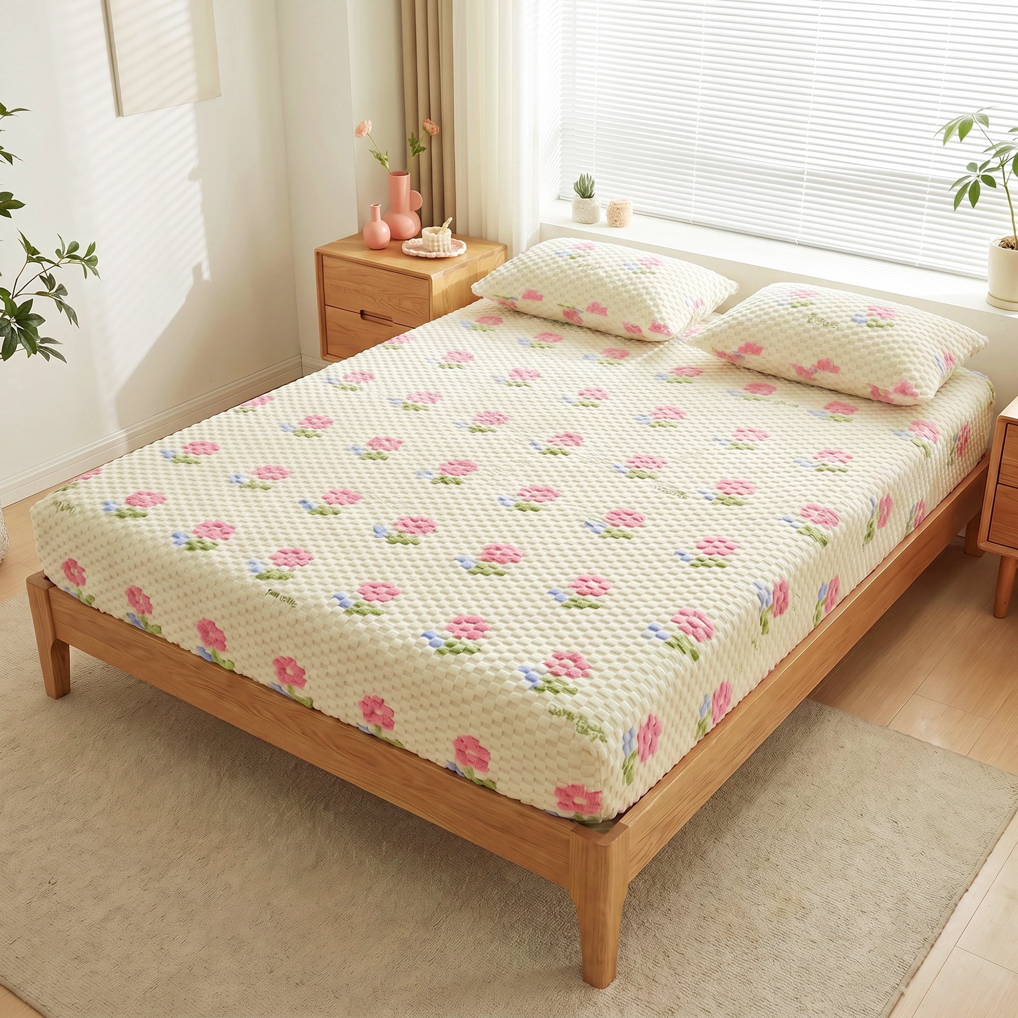 Unique Bargains Fitted Sheet Polyester Anti Wrinkle Soft Bedding 78.0"x79.9" Pink/Yellow