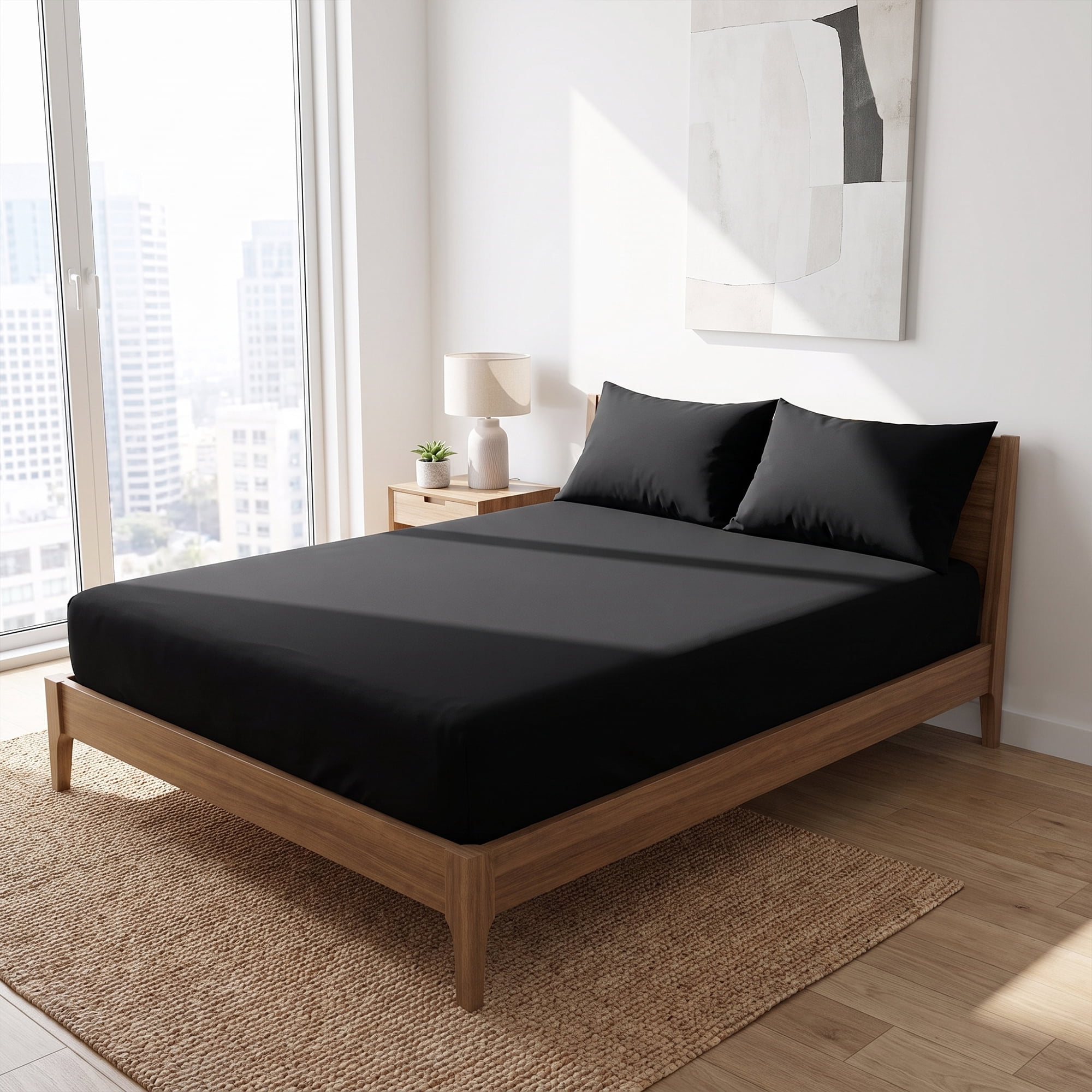 Unique Bargains Fitted Sheet Polyester Bed Sheets Comfortable Bedding Black 59.8"x79.9"