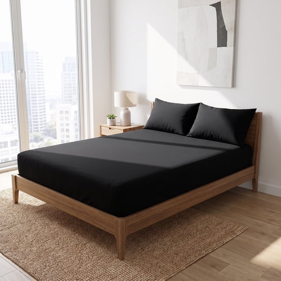 Unique Bargains Fitted Sheet Polyester Bed Sheets Comfortable Bedding Black 76"x79.9"