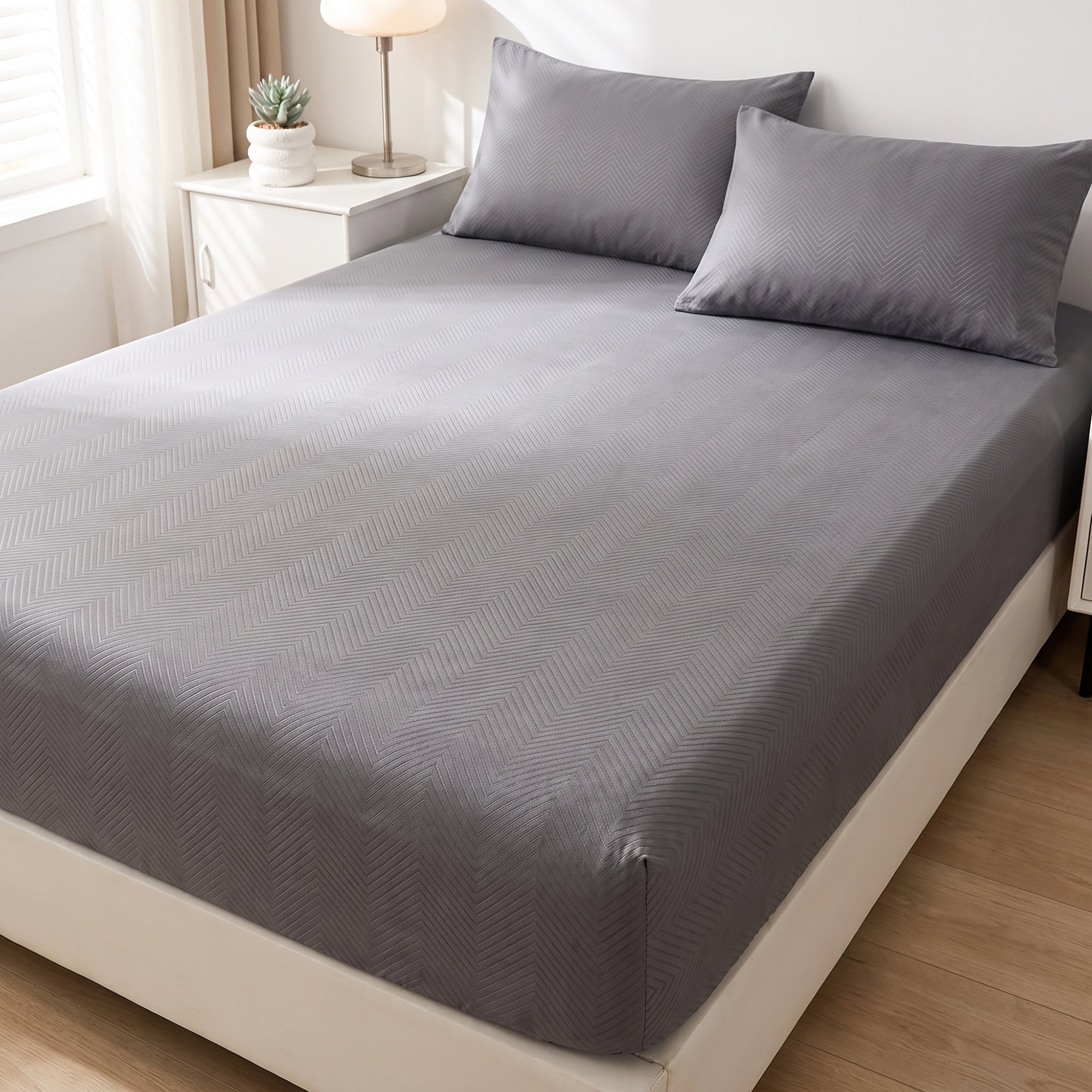Unique Bargains Fitted Sheet Polyester Ripple Bed Sheets for Sleep Dark Grey 60.2"x79.9"