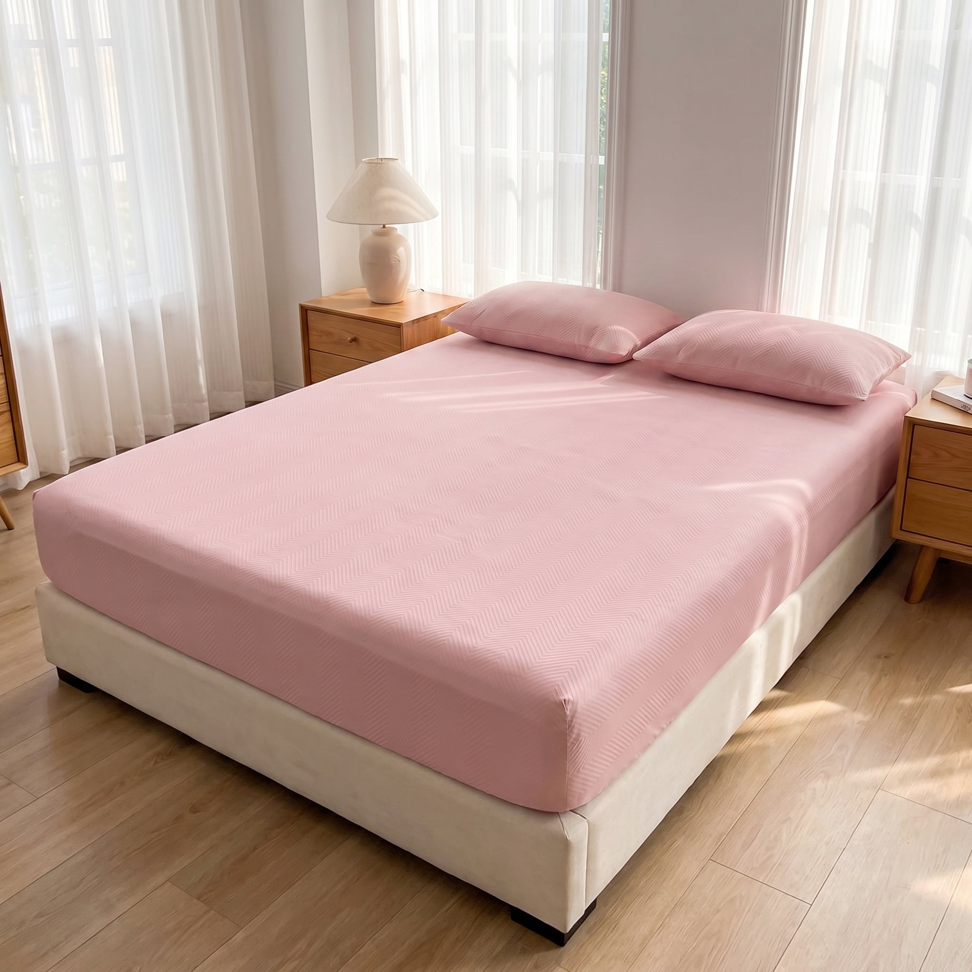 Unique Bargains Fitted Sheet Polyester Ripple Bed Sheets for Sleep Deep Pink 54.3"x74.8"