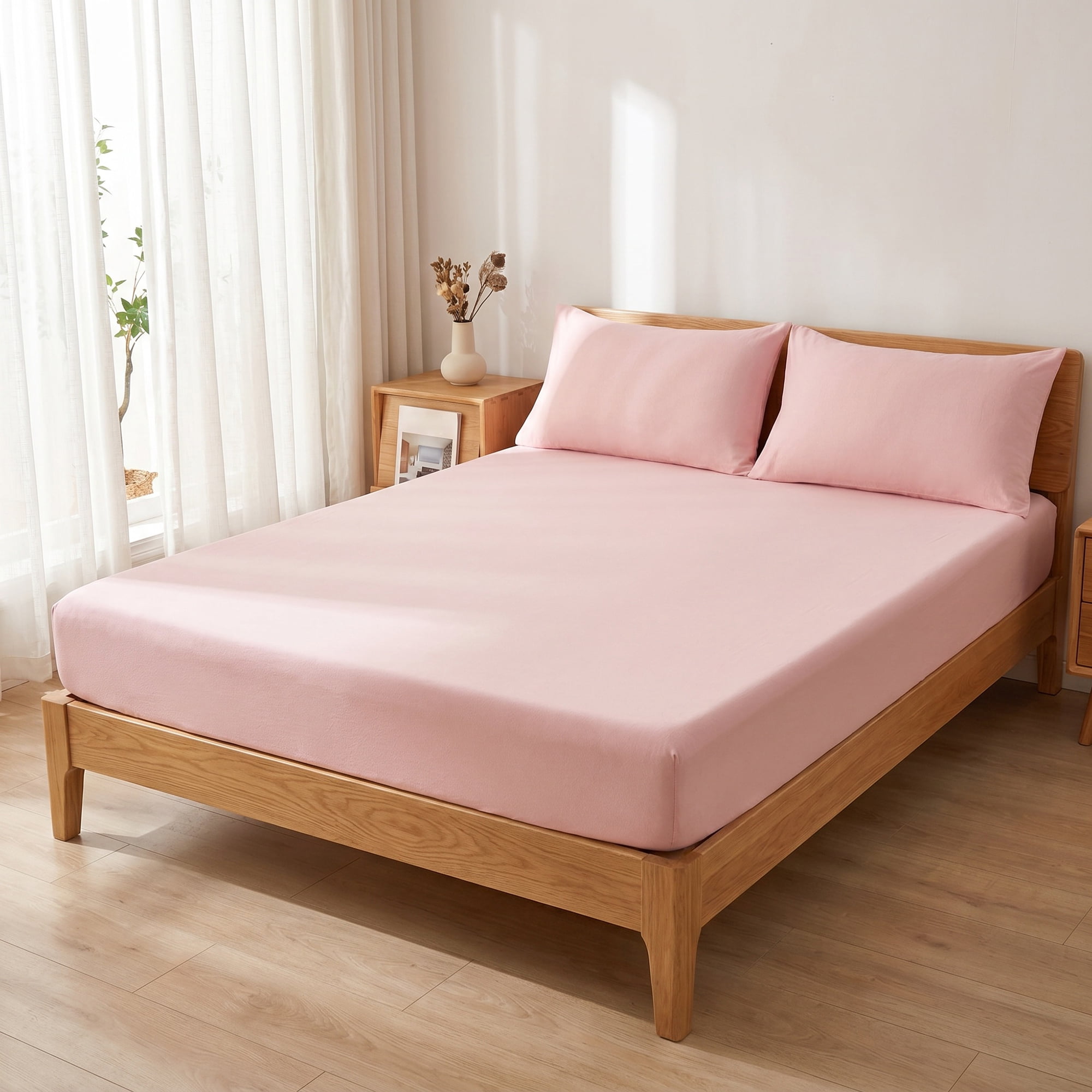 Unique Bargains Fitted Sheet Solid Cotton Bed Sheets Breathable Creamy pink 60.2"x79.9"