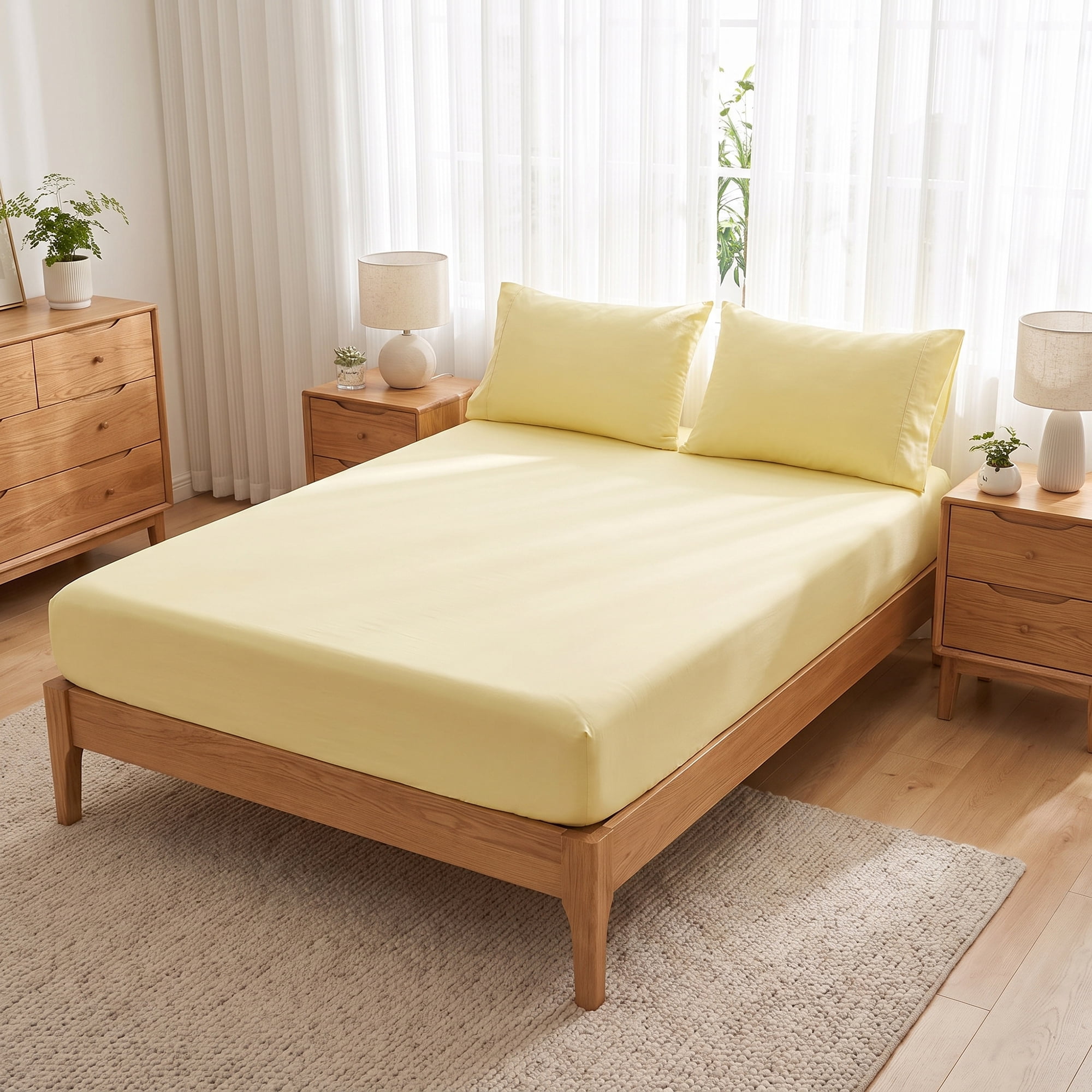 Unique Bargains Fitted Sheet Solid Cotton Bed Sheets Breathable Creamy yellow 60.2"x79.9"