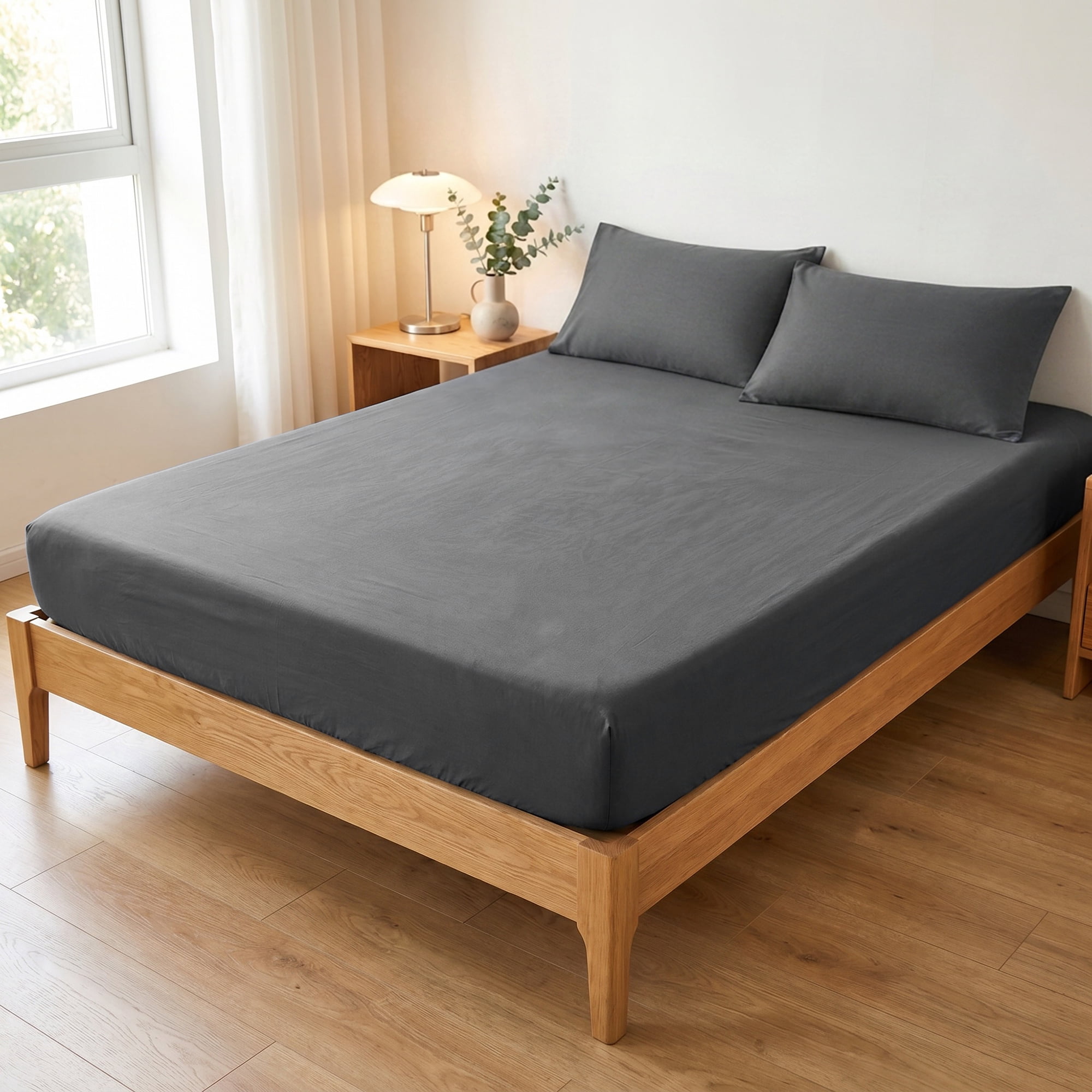 Unique Bargains Fitted Sheet Solid Cotton Bed Sheets Breathable Dark grey 60.2"x79.9"