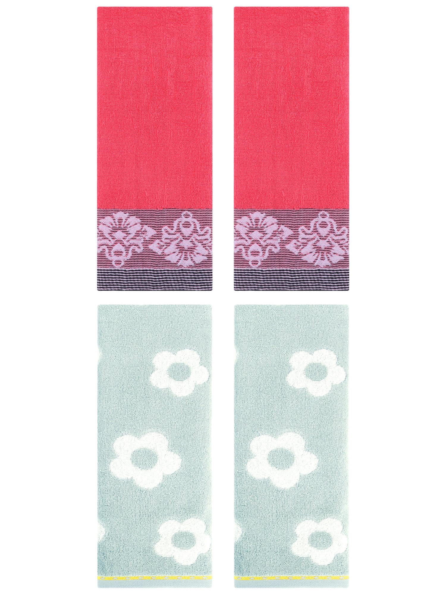 Unique Bargains Floral Comfortable Hand Towel 4 Pcs Green/Pink 14" x 30"/13" x 29"