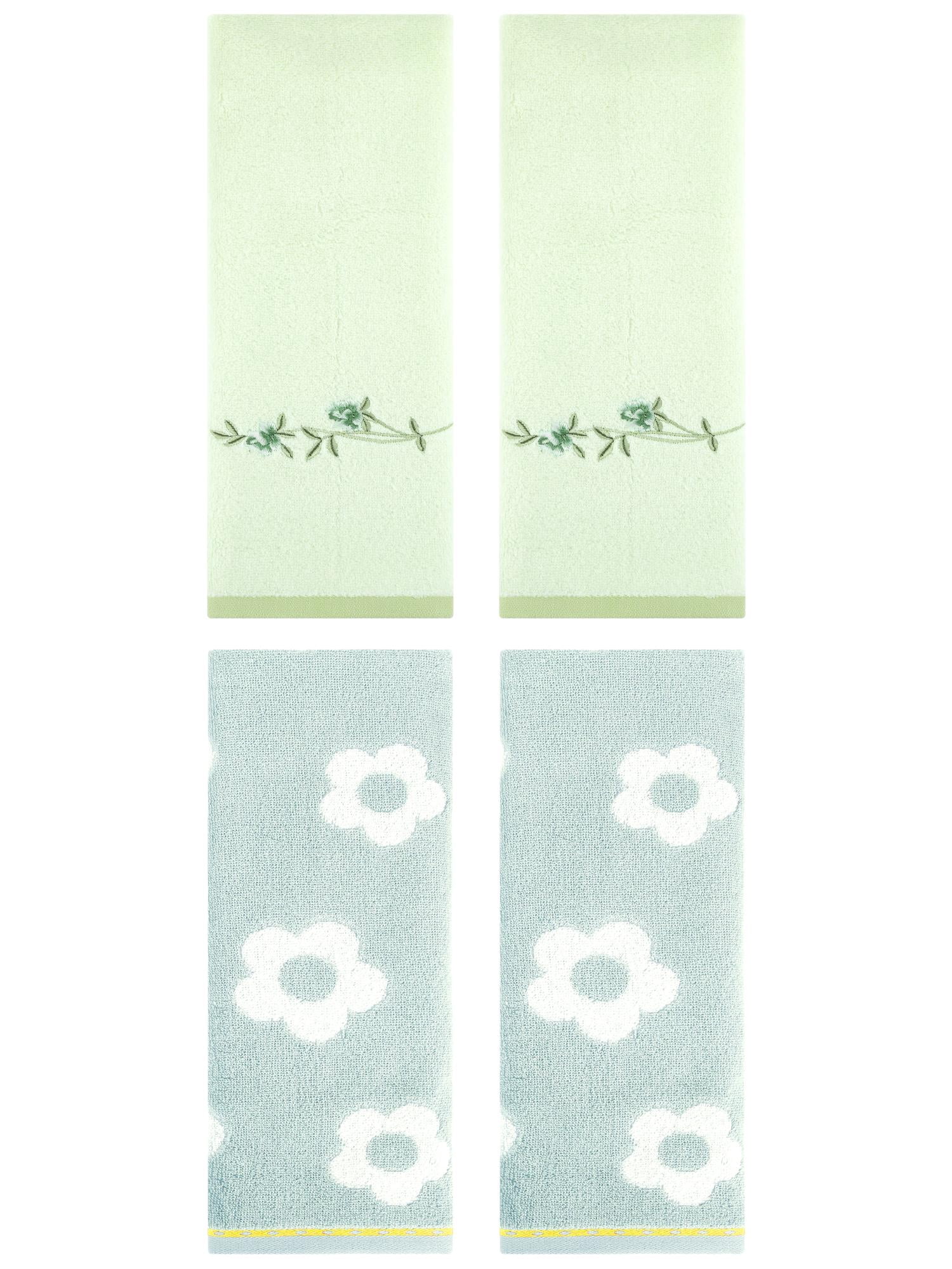 Unique Bargains Floral Cotton Bathroom Hand Towel 4 Pcs Green 14" x 30"/15" x 30"
