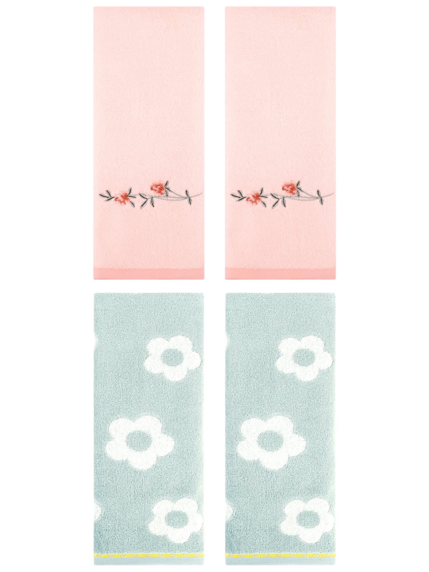 Unique Bargains Floral Cotton Bathroom Hand Towel 4 Pcs Green/Pink 14" x 30"/15" x 30"