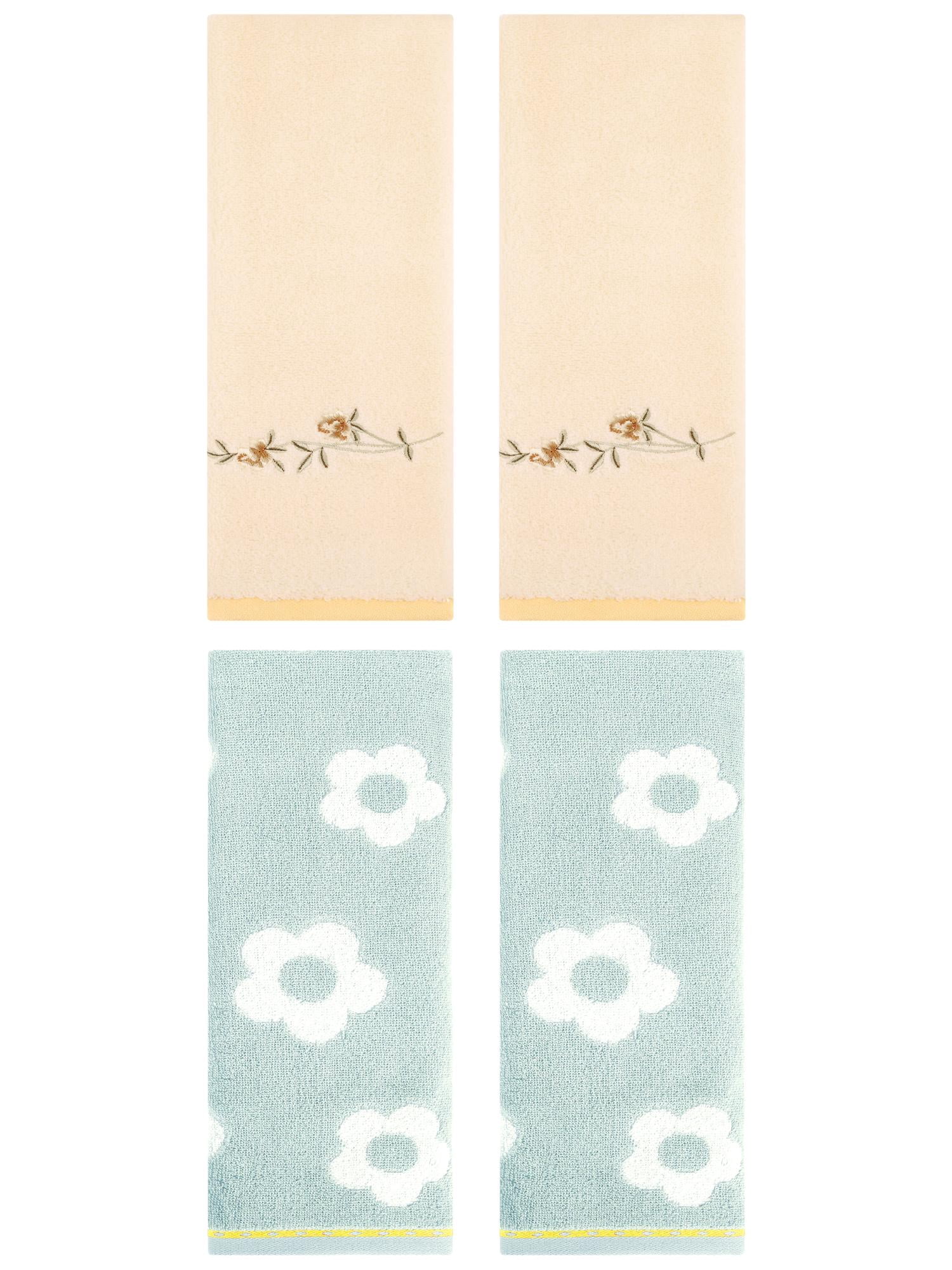Unique Bargains Floral Cotton Bathroom Hand Towel 4 Pcs Green/Yellow 14" x 30"/15" x 30"