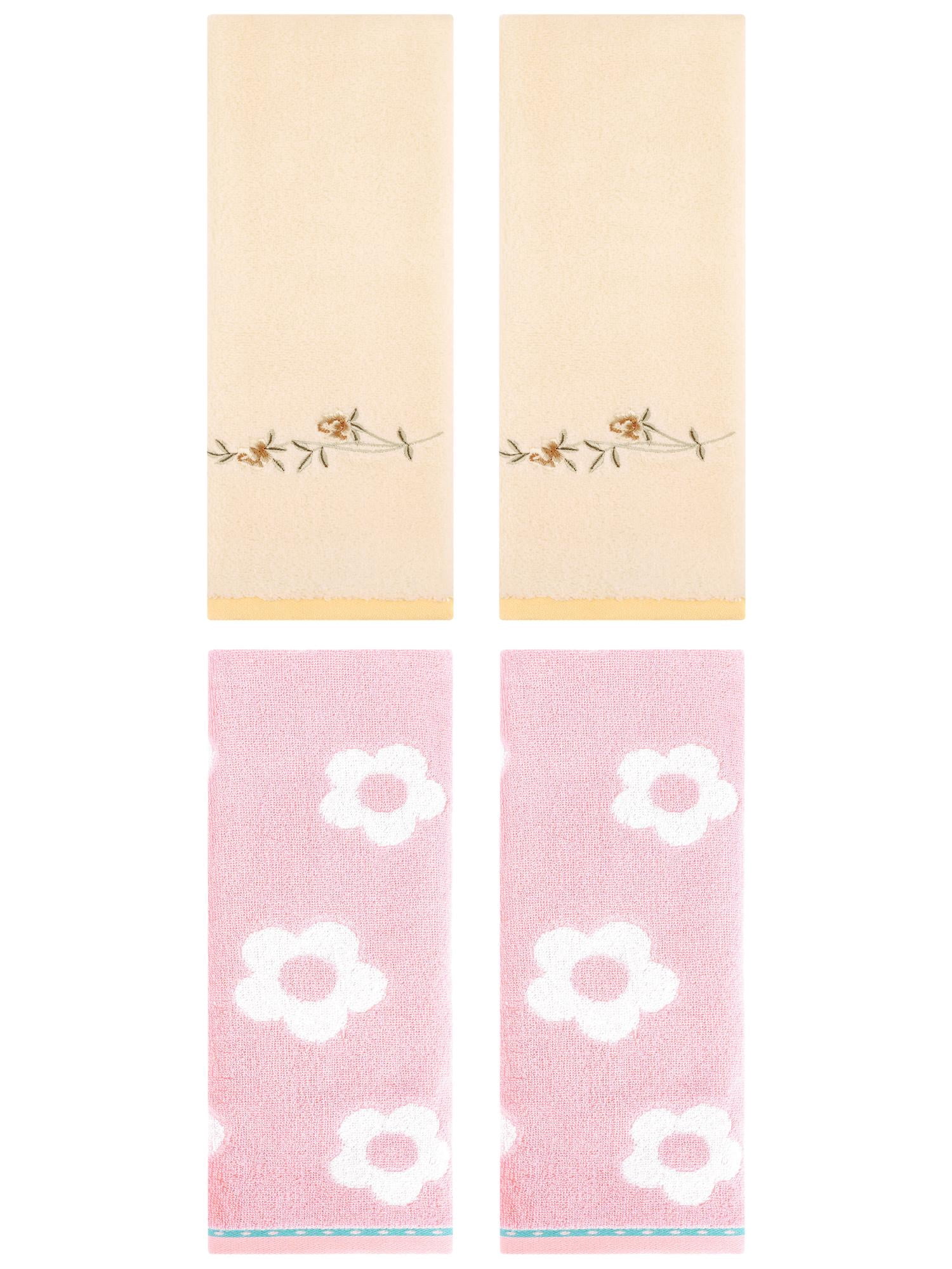 Unique Bargains Floral Cotton Bathroom Hand Towel 4 Pcs Pink/Yellow 14" x 30"/15" x 30"
